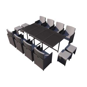 Table et chaises 12 places en résine tressée noir et gris