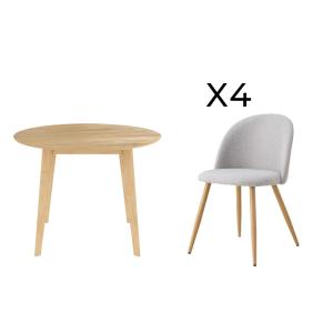 Table et chaises 4 personnes en tissu taupe et bois