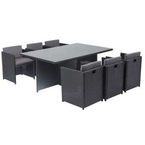 Table et chaises 6 places encastrables en résine noir/gris