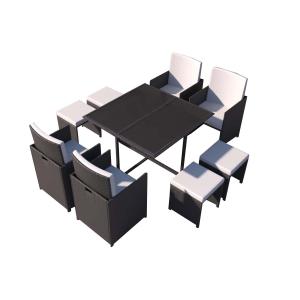 Table et chaises 8 places en résine tressée noir et blanc