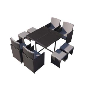 Table et chaises 8 places en résine tressée noir et gris