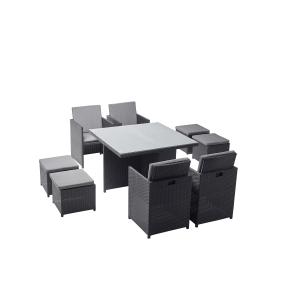 Table et chaises 8 places encastrables en résine noir/gris