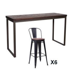 Table et chaises hautes en bois massif foncé et acier gris…