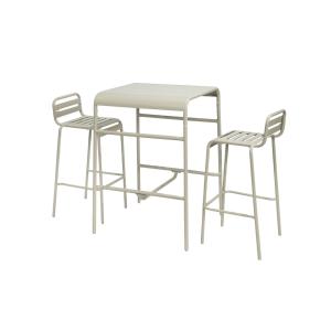 Table haute de jardin beige, 2 chaises hautes en acier