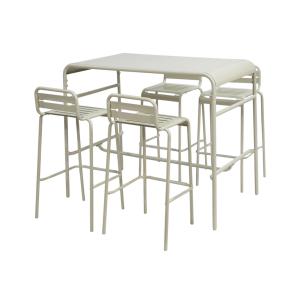 Table haute de jardin beige, 4 chaises hautes en acier