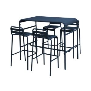 Table haute de jardin bleu marine, 4 chaises hautes en acier