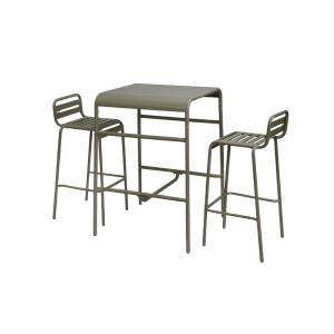 Table haute de jardin kaki, 2 chaises hautes en acier