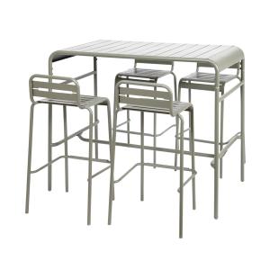 Table haute de jardin kaki, 4 chaises hautes en acier