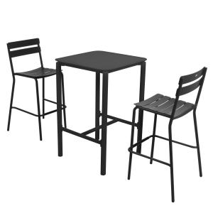 Table haute de terrasse avec 2 chaises en aluminium noir