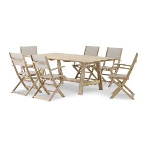 Table lattes 200x100 et 6 chaises pliantes textilene beige