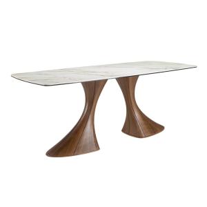 Table ovale tonneau, marbre porcelaine et noyer