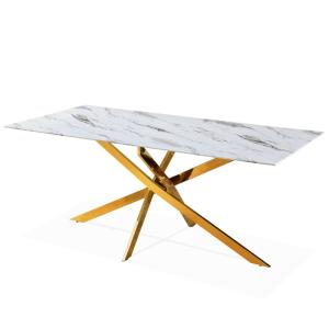 Table rectangulaire en verre effet marbre et pieds doré 6 p…