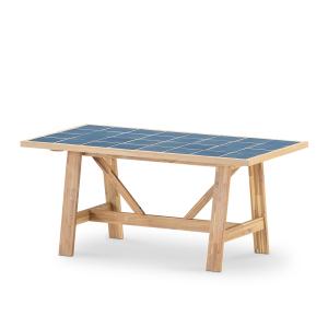 Table repas de jardin  en bois et céramique bleue 168x87