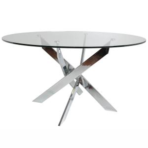 Table  ronde 120cm pieds chromés et plateau en verre