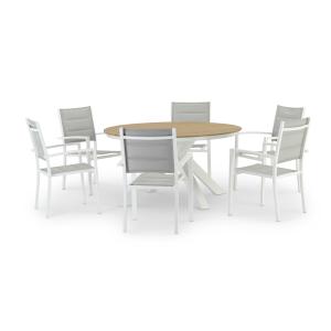 Table ronde blanche et 6 chaises textiles