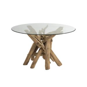 Table ronde en verre et bois flotté chêne clair