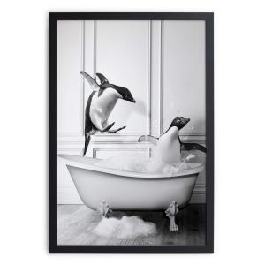 Tableau avec cadre noir 40x30 Pingouins dans la baignoire