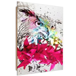 Tableau bois hibou rose géométrie 80 x 120 cm