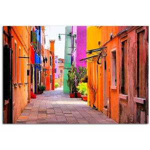 Tableau bois rue coloree 120 x 80 cm