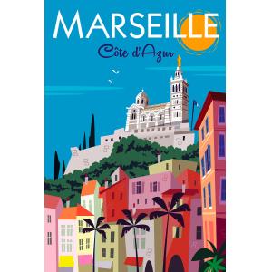 Tableau dessin vintage marseille imprimé sur toile 60x90 cm