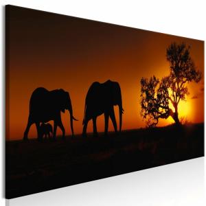 Tableau famille d'éléphants orange 120 x 40 cm
