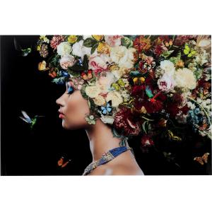 Tableau femme coiffée de fleurs et papillons en verre 150x1…