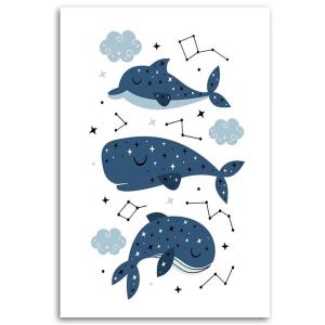 Tableau joyeuses baleines Toile intissée Bleu