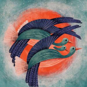 Tableau oiseau lyre et soleil rouge imprimé sur toile 80x80…