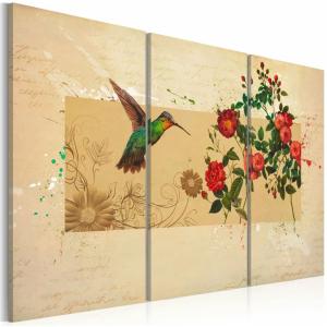 Tableau oiseau-mouche et roses 120 x 80 cm