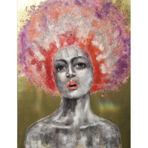 Tableau peinture femme afro 70s rose violet 120x90 cm