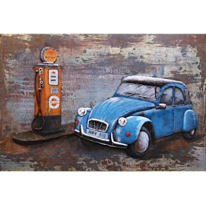 Tableau relief en métal 2 cv et pompe à essence 120x80