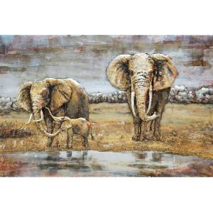 Tableau relief en métal éléphants en famille 120x80