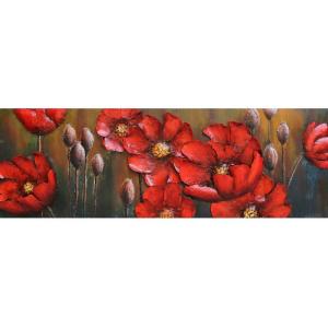 Tableau relief en métal fleurs rouges 150x50