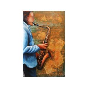 Tableau relief en métal saxophoniste 110x70