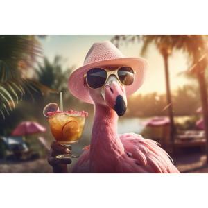 Tableau sur toile Flamant rose chic avec cocktail 45x65