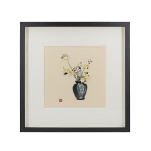 Tableau vase brodé fleurs avec verre 60x60