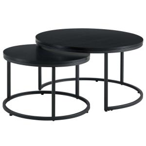 Tables basses gigognes rondes, aspect bois et métal, noir
