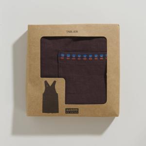 Tablier en coton marron, bleu et caramel avec poches 110x100