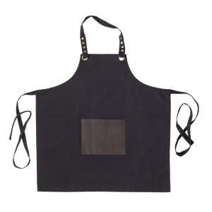 Tablier en tissu noir avec poche en simili cuir marron