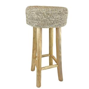 Tabouret de bar en raphia avec les pieds en bois teck 75cm