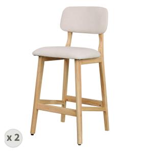 Tabouret de bar, Tissu SoftCellar Ecru et bois naturel (x2)
