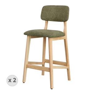 Tabouret de bar, Tissu SoftCellar Sauge et bois naturel (x2)