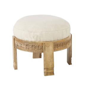 Tabouret en bois de manguier et coussin en coton beige