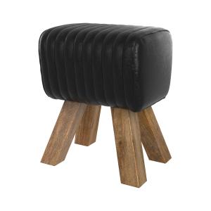 Tabouret en cuir noir et bois de manguier