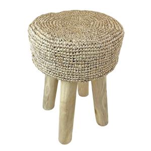 Tabouret en raphia et bois teck D.32 x 45 cm