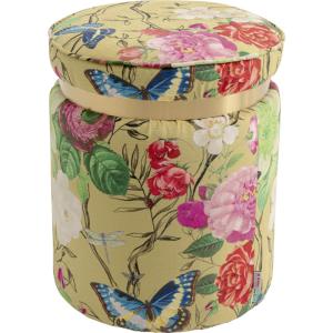 Tabouret imprimés fleurs et papillons en polyester jaune