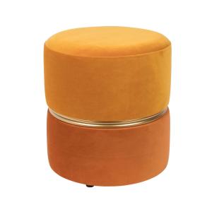 Tabouret pouf en velours orange avec cerclage doré