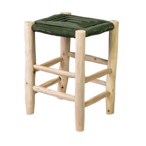 Tabouret vert en bois d'eucalyptus et corde  42x30x30