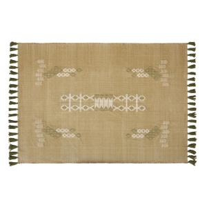 Tapis en coton recyclé tissé main vert olive et broderies é…