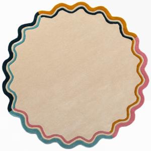 Tapis en laine rond beige, orange, rose et bleu 180x180cm